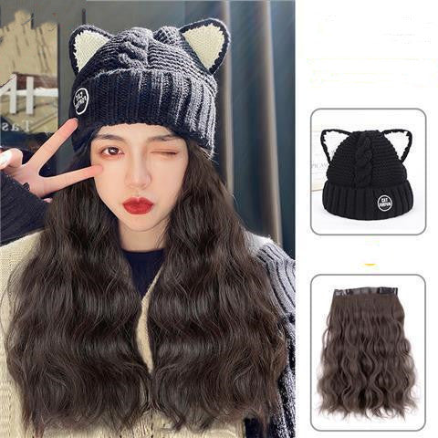 Women's Long Hair Hat And Wig In One Fashionable Autumn And Winter