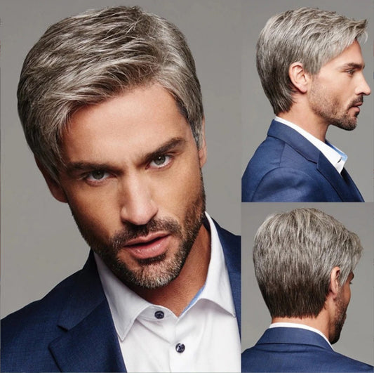 European And American Style Men's Gradient Gray Partial Bangs Wig