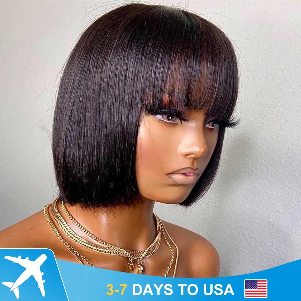 Brazilian Human Hair Wig with Bangs Remy Straight Hair