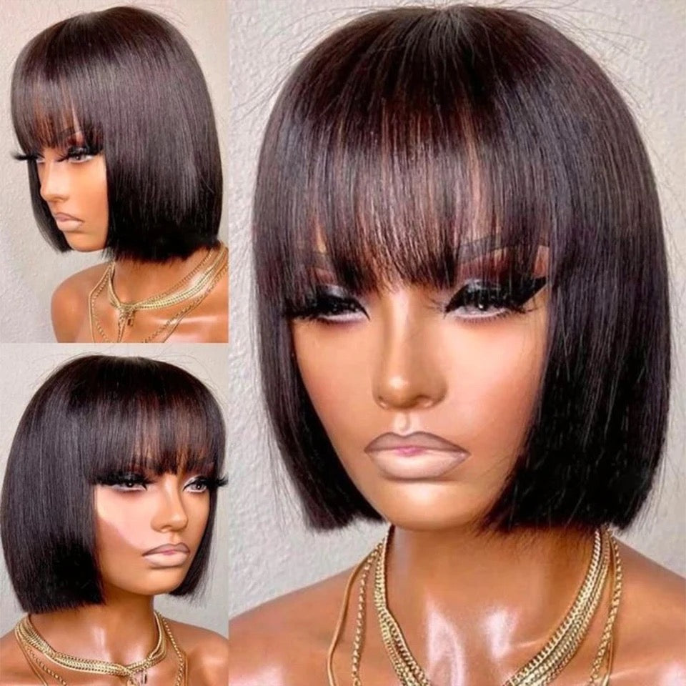 Brazilian Human Hair Wig with Bangs Remy Straight Hair