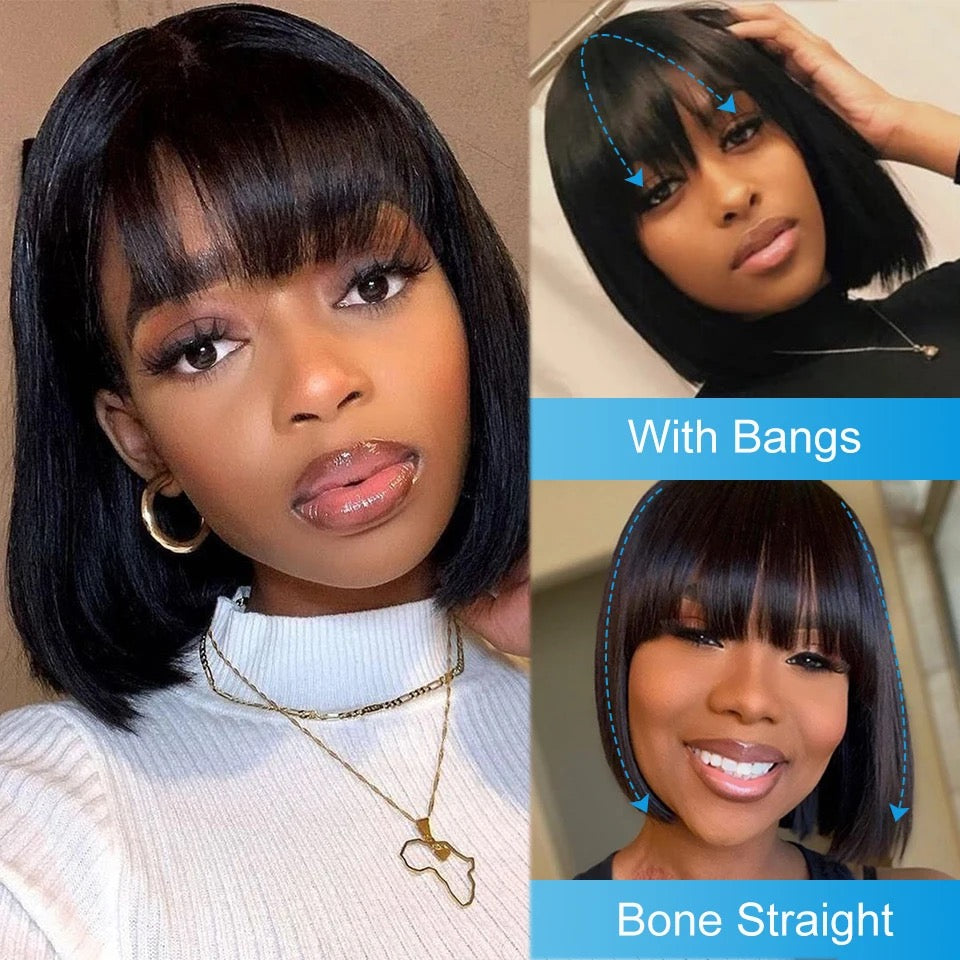 Brazilian Human Hair Wig with Bangs Remy Straight Hair