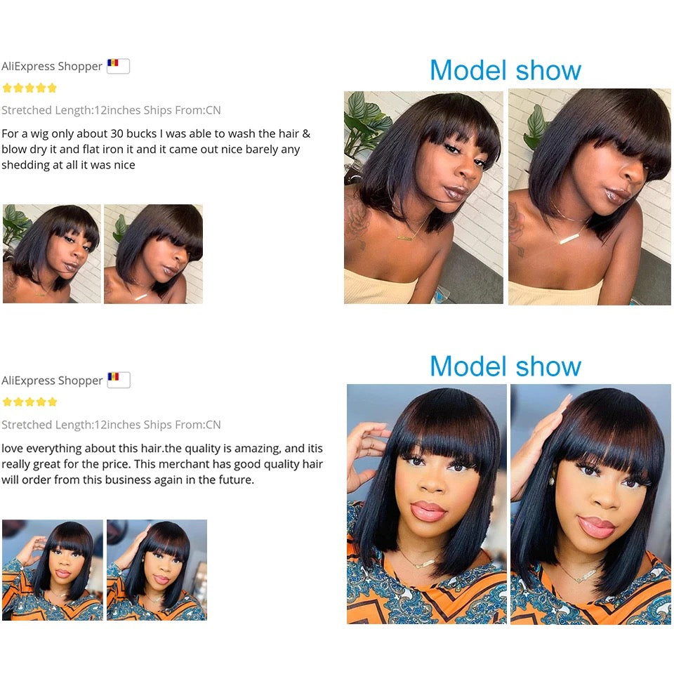 Brazilian Human Hair Wig with Bangs Remy Straight Hair